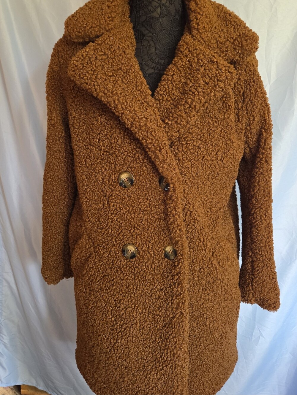 MODA ME COUTURE Double-Breasted Teddy Coat — Rust